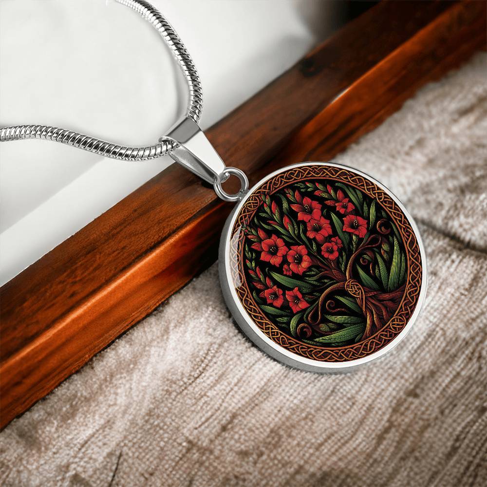 an elegant silver pendant Gladiolus Tree of Life Necklace. The Colors are red, green, brown and black. This jewelry offers personalization with an engraving option for a name.