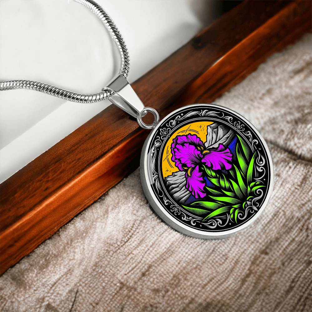 Februarys birth month flower Elegant silver pendant necklace featuring a vivid Purple Iris set against a sunset mountains with a river, the mountains are colored by the metal shinning through. This necklace offers personalization option for a name.