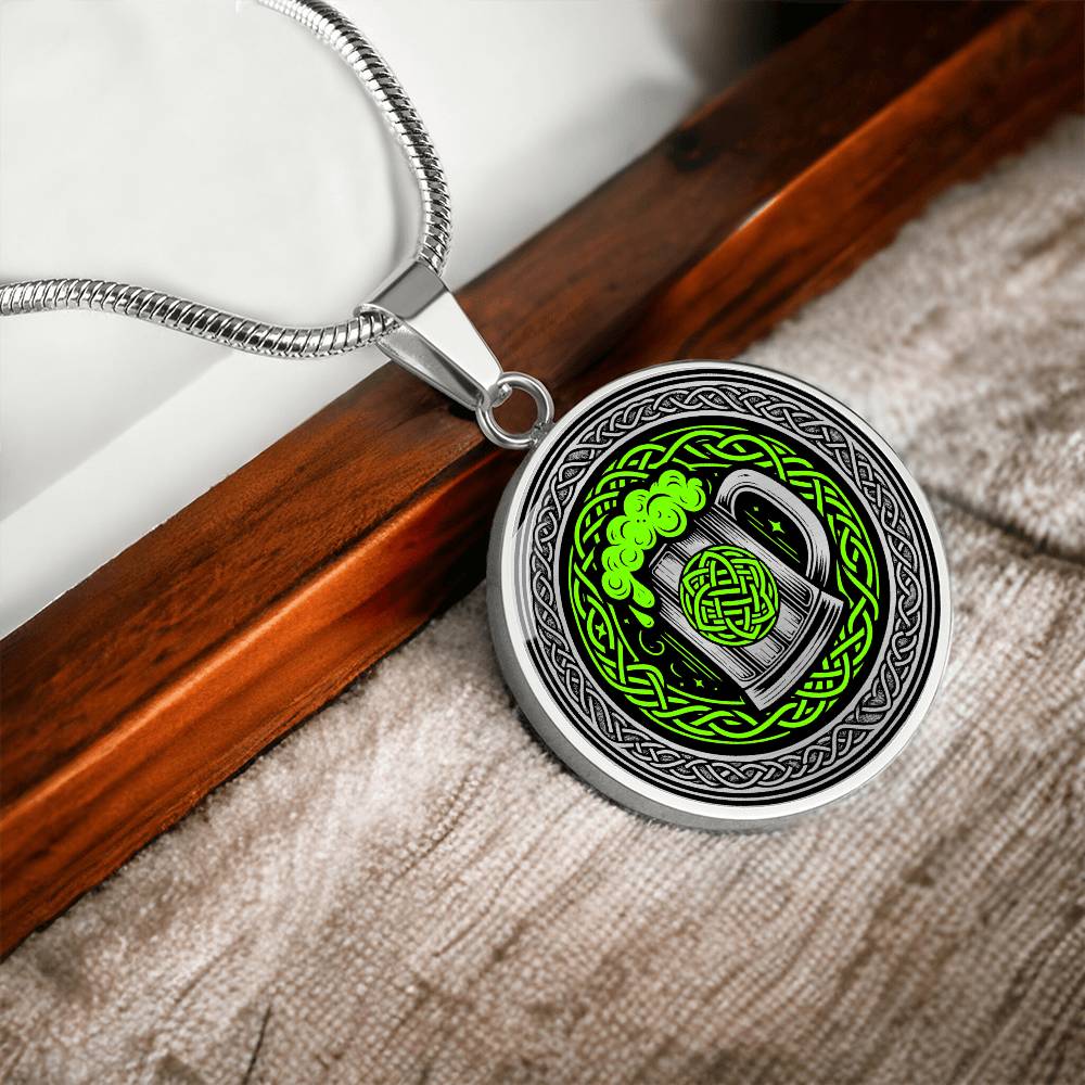 Elegant Silver pendant featuring a vivid Green Celtic Knots Necklace with a Green Beer Stein , set against a Black & silver backdrop. This jewelry offers personalization with an engraving option for a name.