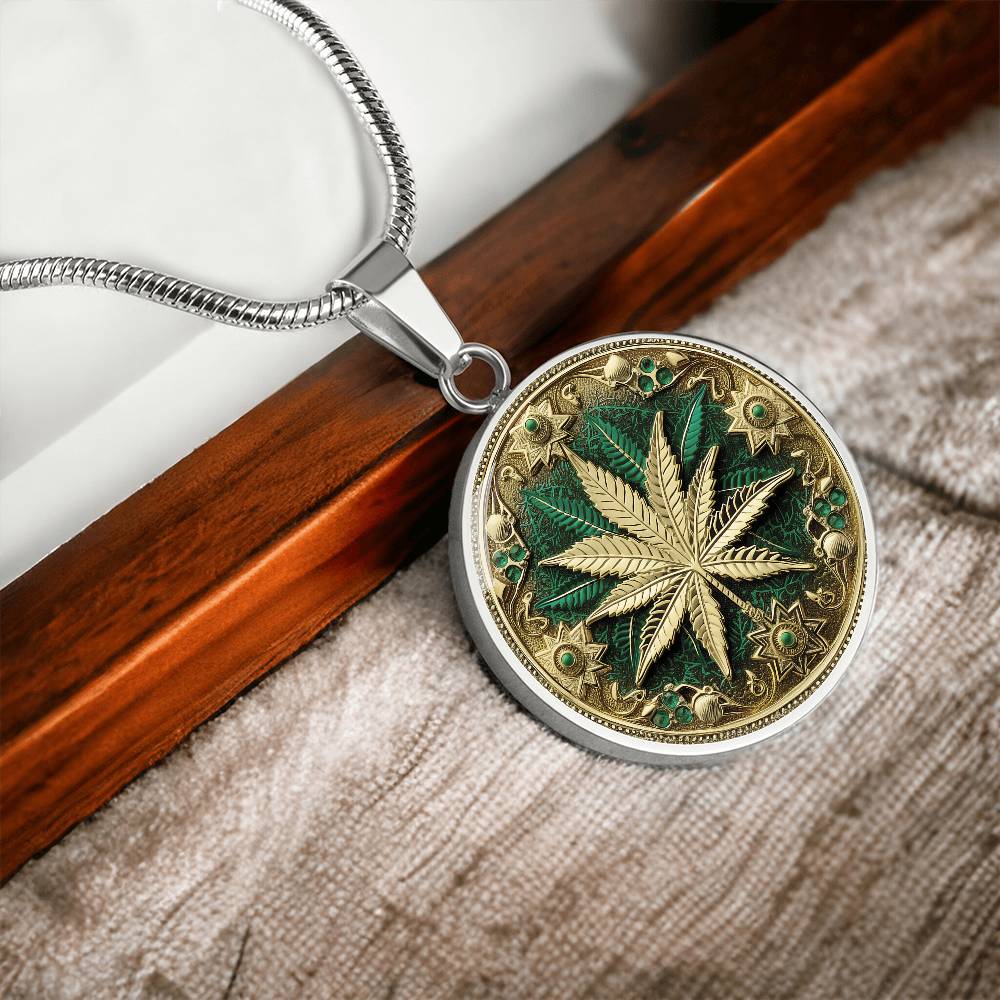 an Elegant silver pendant Weed Leaf necklace featuring a Green and Gold Marijuana Leaf. This jewelry offers personalization with an engraving option for a name.