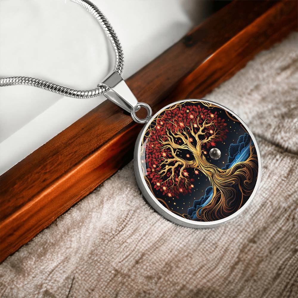 Elegant silver pendant featuring a Tree of Life Necklace, set against a Night Sky backdrop. This jewelry offers personalization with an engraving option for a name.