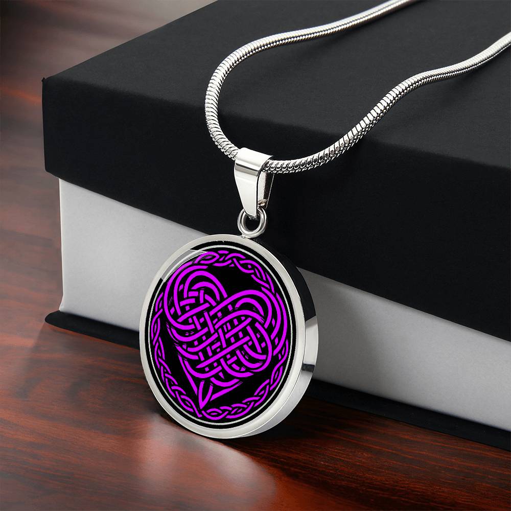 Gift box with an Elegant silver pendant featuring a vivid purple Heart Celtic Necklace set against a Black & silver backdrop. This jewelry offers personalization with an engraving option for a name.