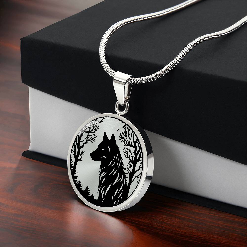 Gift box with an Elegant pendant silver wolf necklace featuring a vivid Black Wolf in the forest, set against a silver backdrop. This jewelry offers personalization with an engraving option for a name.