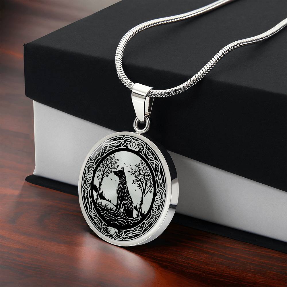 Gift box with An Elegant silver pendant Celtic Wolf necklace With a silver and Black background. This jewelry offers personalization with an engraving option for a name.