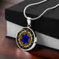 Gift box with An Elegant silver pendant featuring a Vintage Design with a vivid blue Star of David Necklace, set against a gold, silver and black backdrop. This jewelry offers personalization with an engraving option for a name.
