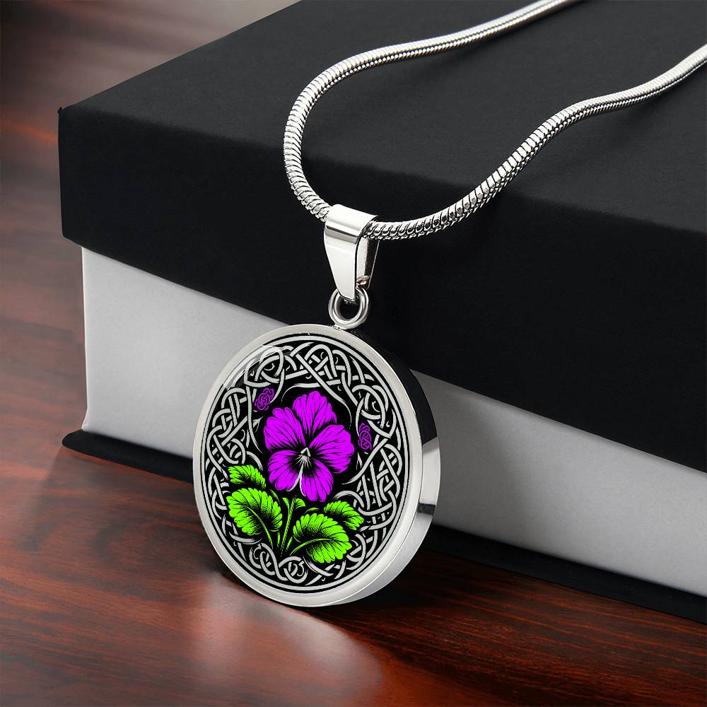 Elegant silver pendant featuring a vivid Purple Violet Birth Flower Necklace, February birth month flower, set against a Silver & Black backdrop with a Celtic border. This jewelry offers personalization engraving option for a name