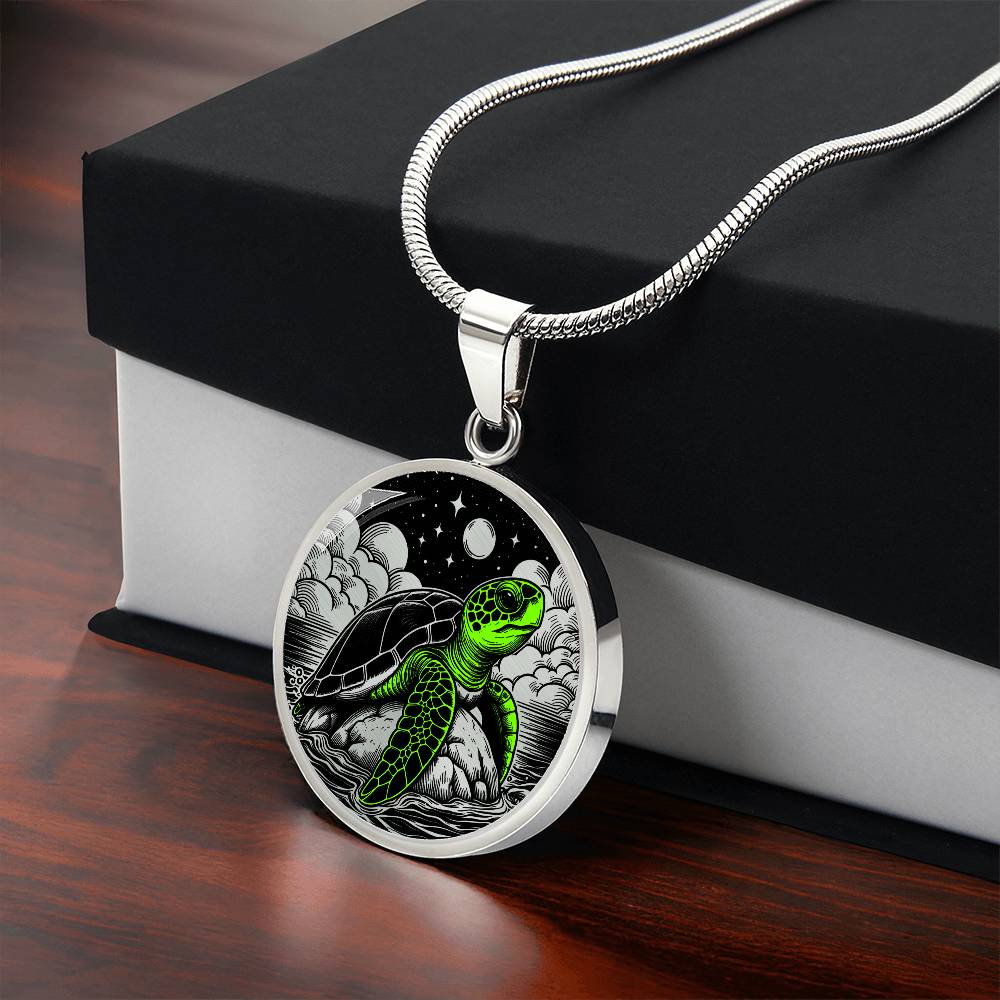 Turtle Necklace, Sea Turtle Jewelry Gifts For Her, Engraved Moon and Star Necklace, Green Reptile Personalized Pendant Charm, Ocean Gift