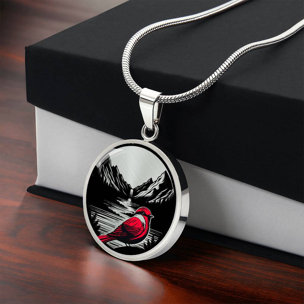Gift box with an elegant silver pendant Red Cardinal Necklace. The colors are silver, red and black. This jewelry offers personalization with an engraving option for a name.