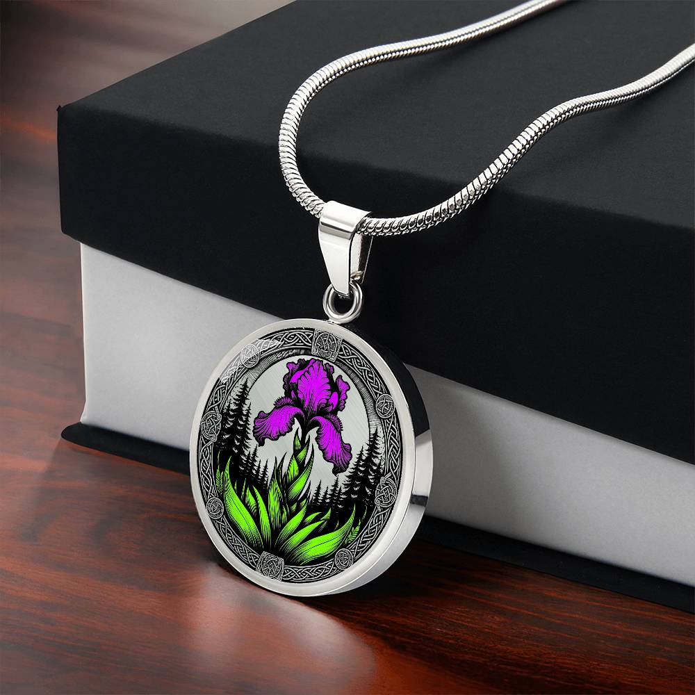 Gift box with a Februarys birth month flower in an Elegant silver pendant necklace featuring a vivid Purple Iris with a gold sun or silver moon surrounded by a forest with a Celtic frame. This necklace offers personalization option for a name.