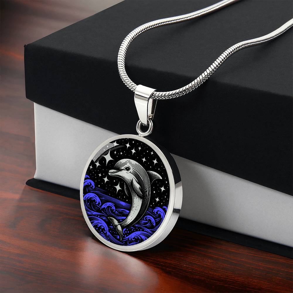 Gift box with an Elegant silver pendant featuring a vivid Silver Dolphin Necklace with a Stars and Ocean Waves set against a silver and black backdrop. This jewelry offers personalization with an engraving option for a name.