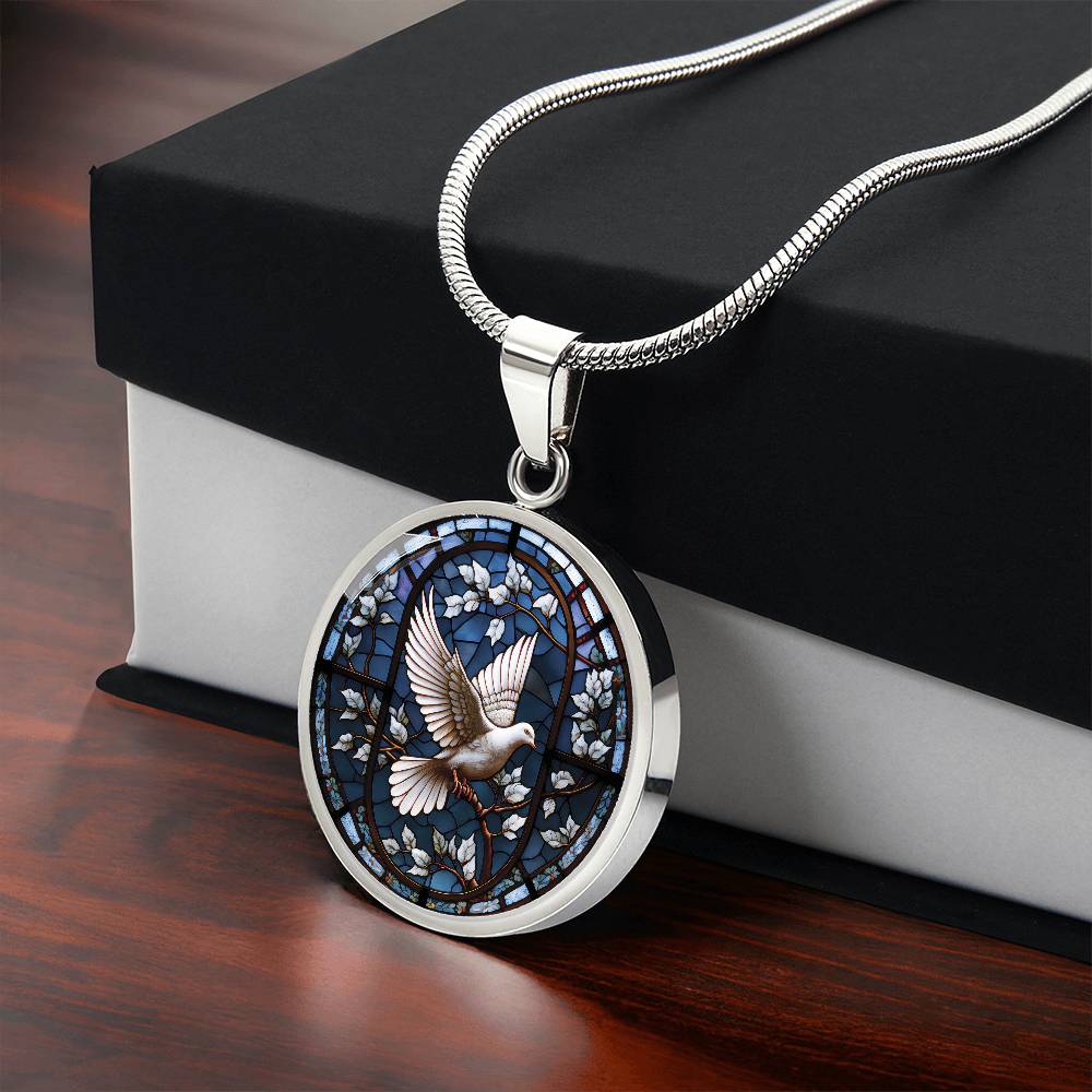 Gift box with an elegant silver pendant White Dove Necklace. The Colors are white, brown and blue This jewelry offers personalization with an engraving option for a name.