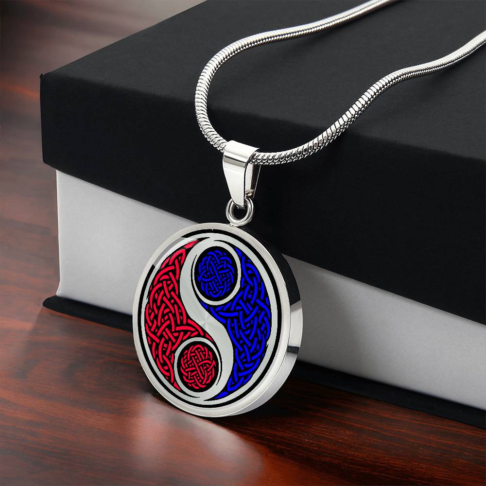 Gift box with an Elegant silver pendant featuring a vivid Fire red & Water blue Celtic Yin Yang Necklace set against a silver & Black backdrop. This jewelry offers personalization with an engraving option for a name.