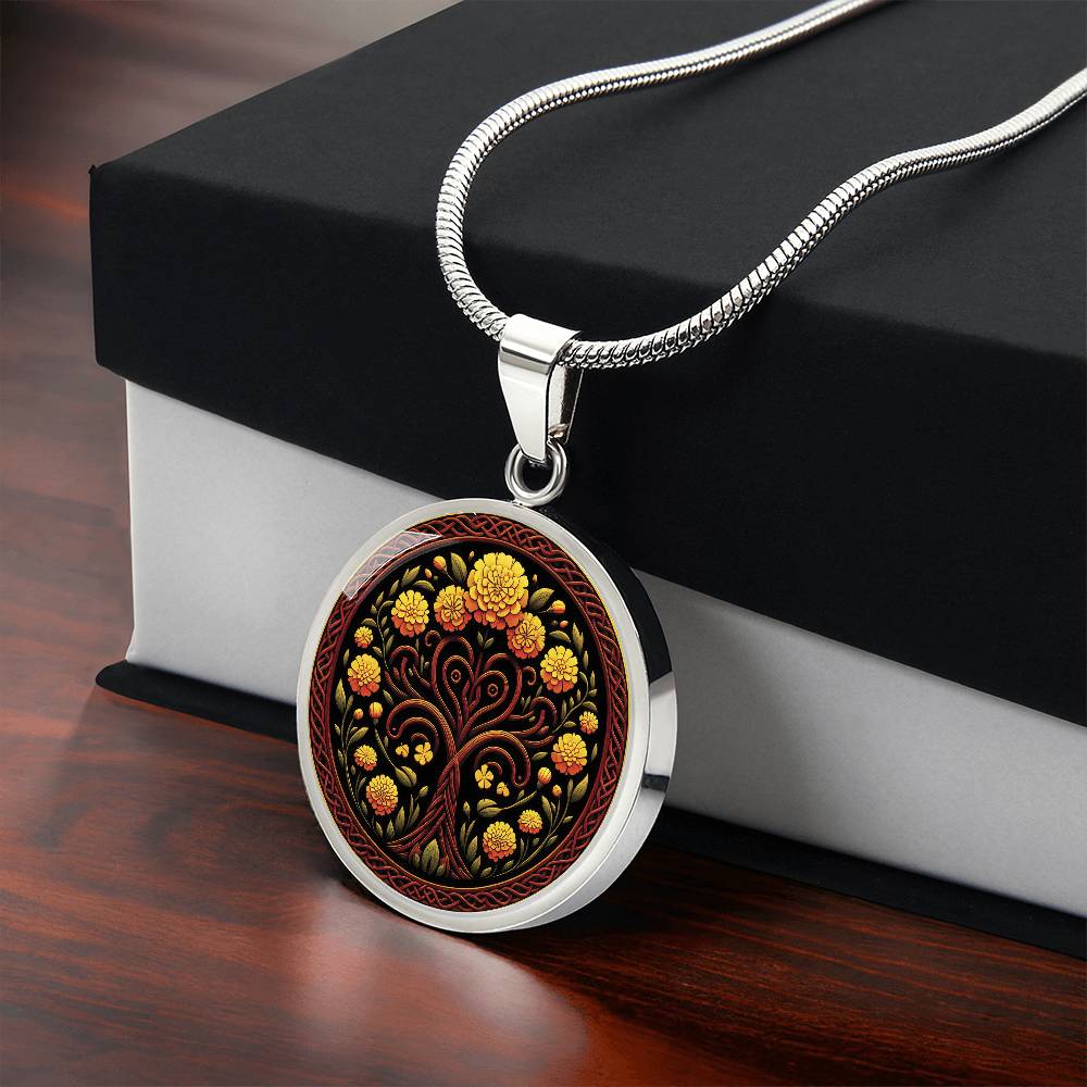 Gift box with an elegant silver pendant Marigold Celtic Tree of Life Necklace. The Colors are yellow, green, brown and black. This jewelry offers personalization with an engraving option for a name.