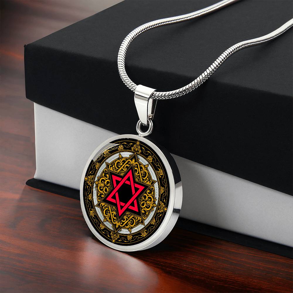 Gift box with An Elegant silver pendant featuring a Vintage Design with a vivid Red Star of David Necklace, set against a gold, silver and black backdrop. This jewelry offers personalization with an engraving option for a name.