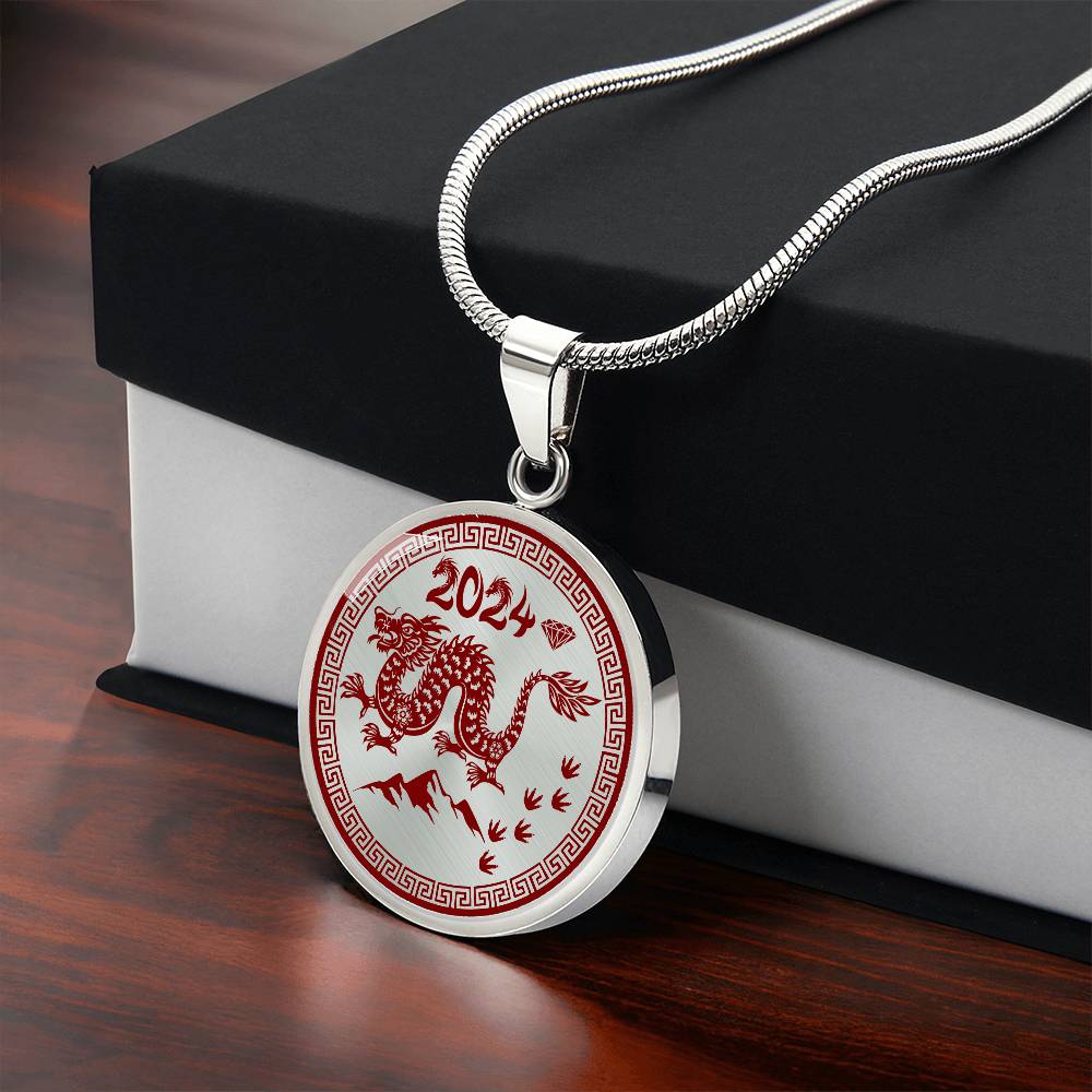 Gift box with an Elegant silver pendant necklace featuring a vivid red Dragon, set against a silver backdrop. This jewelry offers personalization with an engraving option for a name.