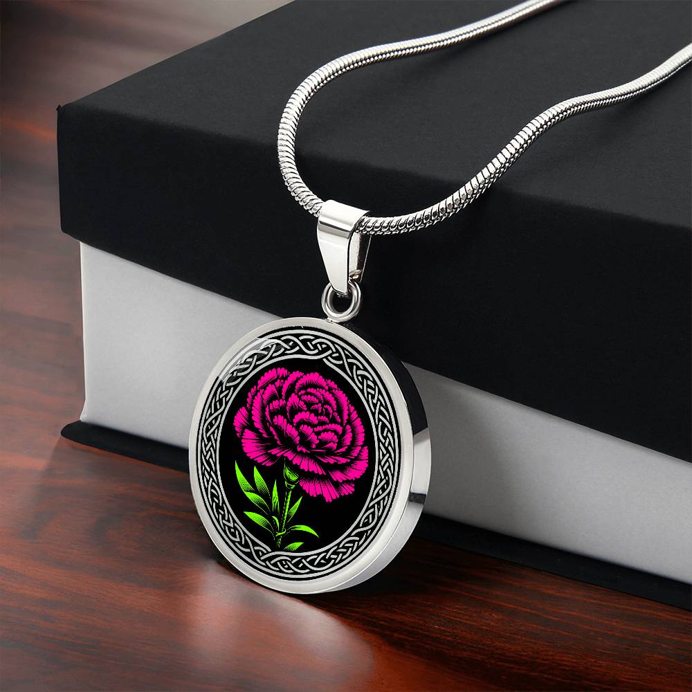 Celtic Carnation Necklace, Personalized January Birth Month Flower Jewelry, Engraved Gold Floral Charm Pendant Valentines & Mothers Day Gift