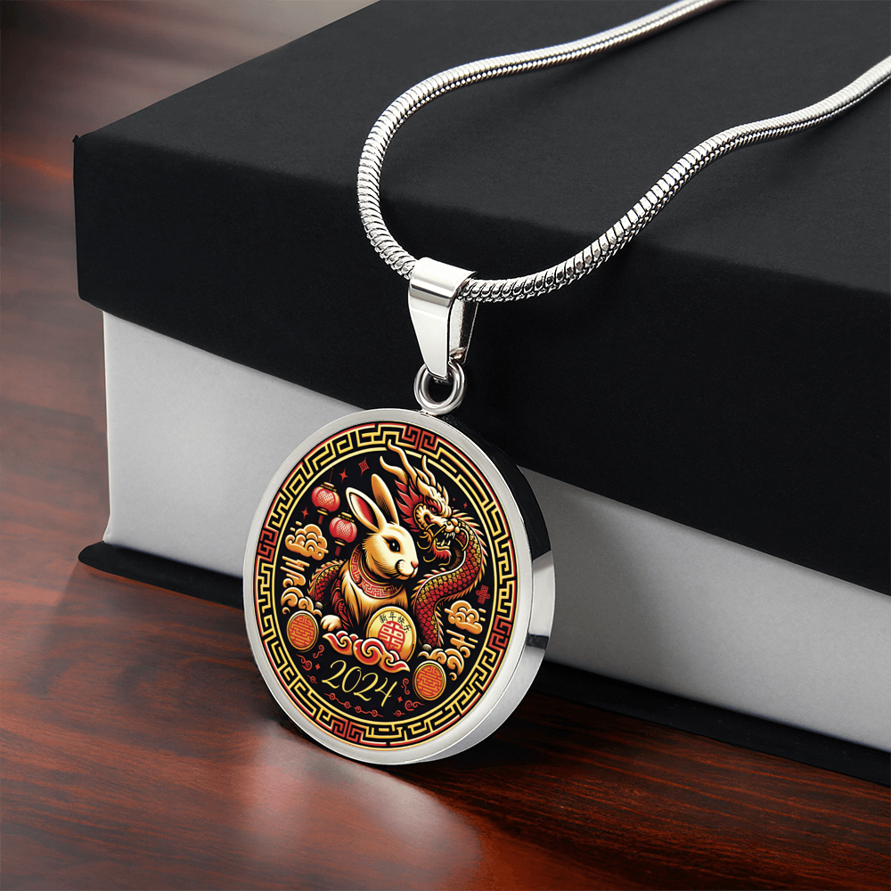 Gift box with an Elegant silver pendant Year of the Rabbit and Year of the Dragon Necklace. The colors are yellow, Red and Black . This jewelry offers personalization with an engraving option for a name.