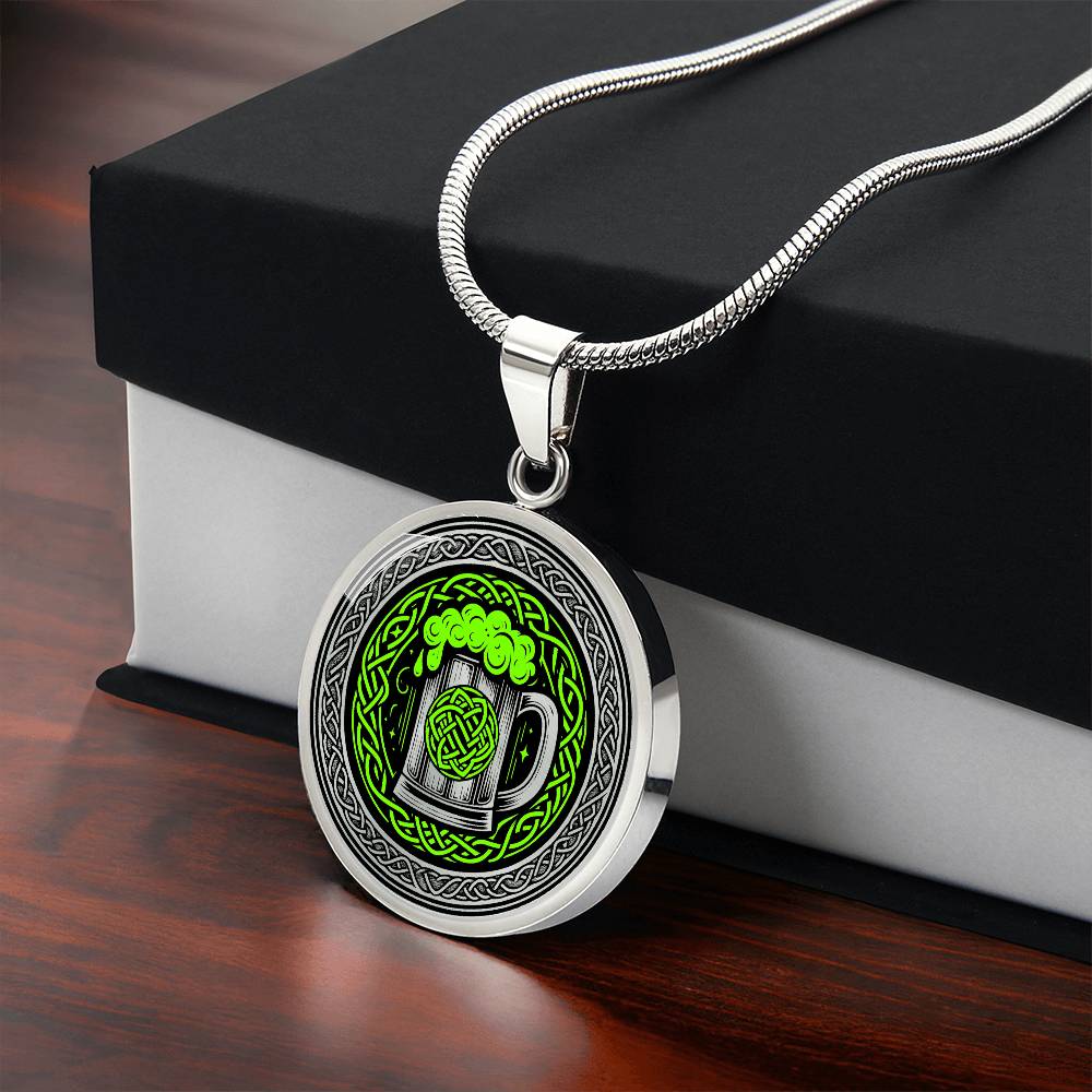 Gift box with an Elegant Silver pendant featuring a vivid Green Celtic Knots Necklace with a Green Beer Stein , set against a Black & silver backdrop. This jewelry offers personalization with an engraving option for a name.