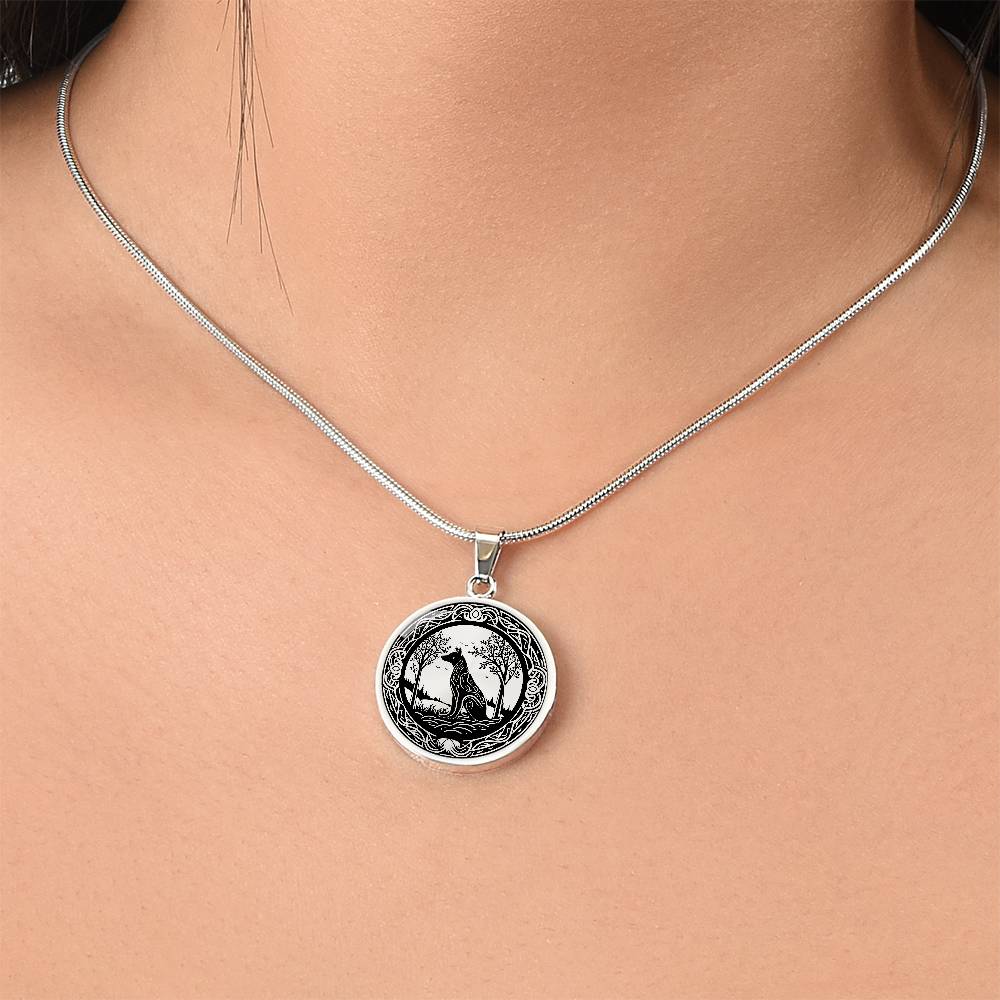 Woman wearing An Elegant silver pendant Celtic Wolf necklace With a silver and Black background. This jewelry offers personalization with an engraving option for a name.