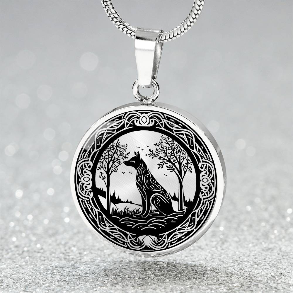 An Elegant silver pendant Celtic Wolf necklace With a silver and Black background. This jewelry offers personalization with an engraving option for a name.