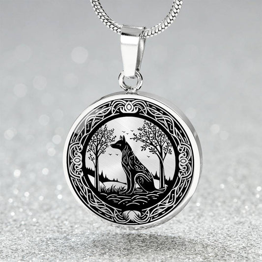 An Elegant silver pendant Celtic Wolf necklace With a silver and Black background. This jewelry offers personalization with an engraving option for a name.