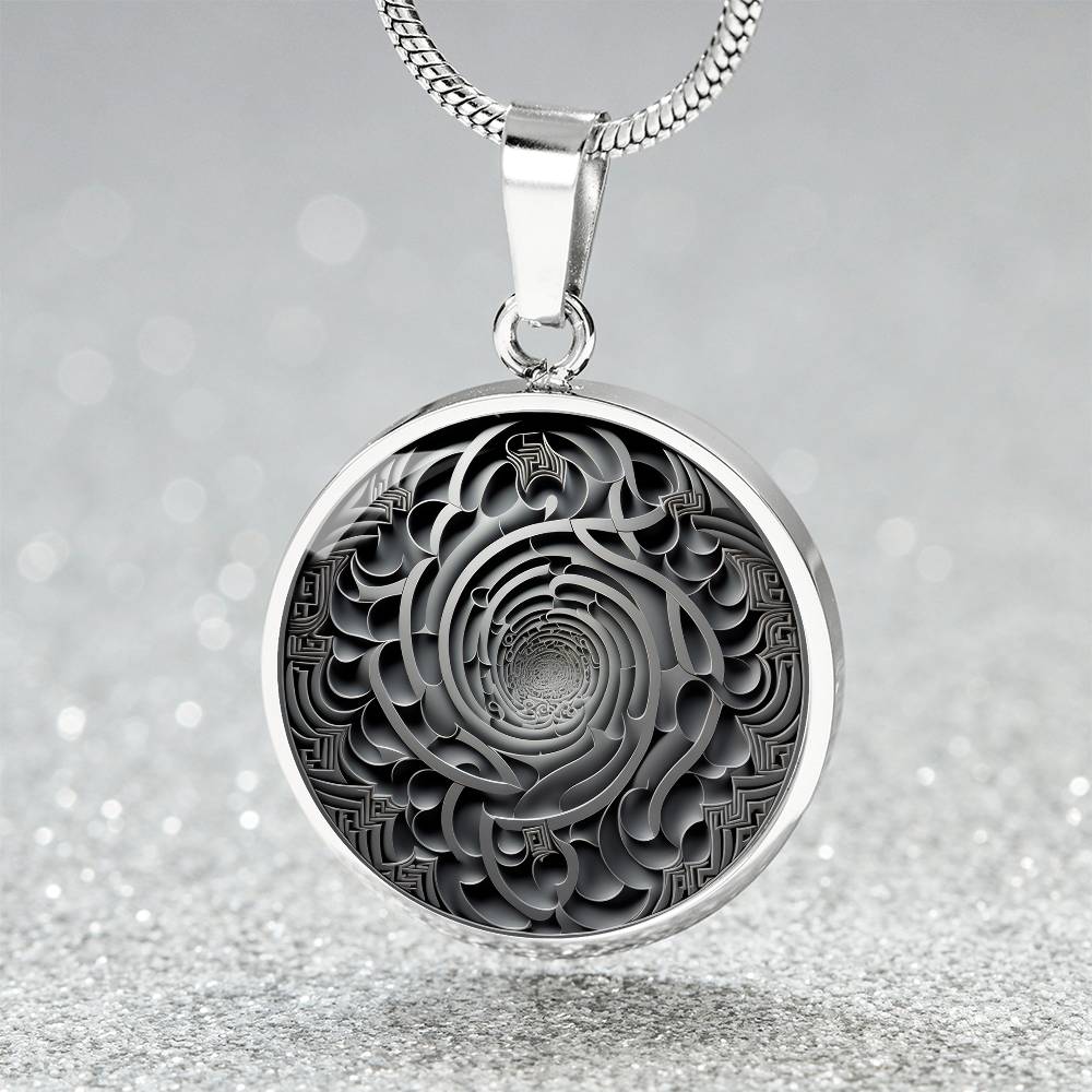 an Elegant silver pendant Maze Victorian necklace. The maze colors are silver and grey. This jewelry offers personalization with an engraving option for a name.