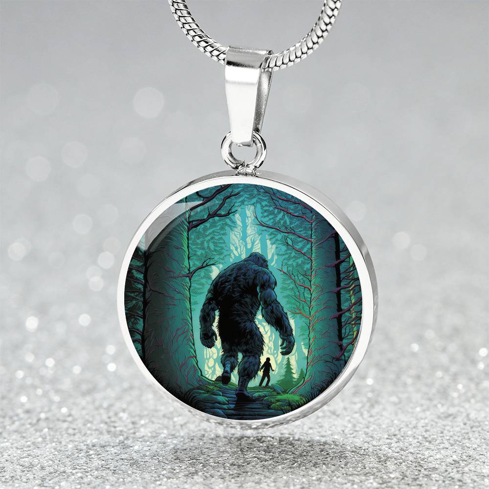 an Elegant silver pendant Bigfoot Necklace. Colors are Green, Brown, Black, Blue and White. This jewelry offers personalization with an engraving option for a name.