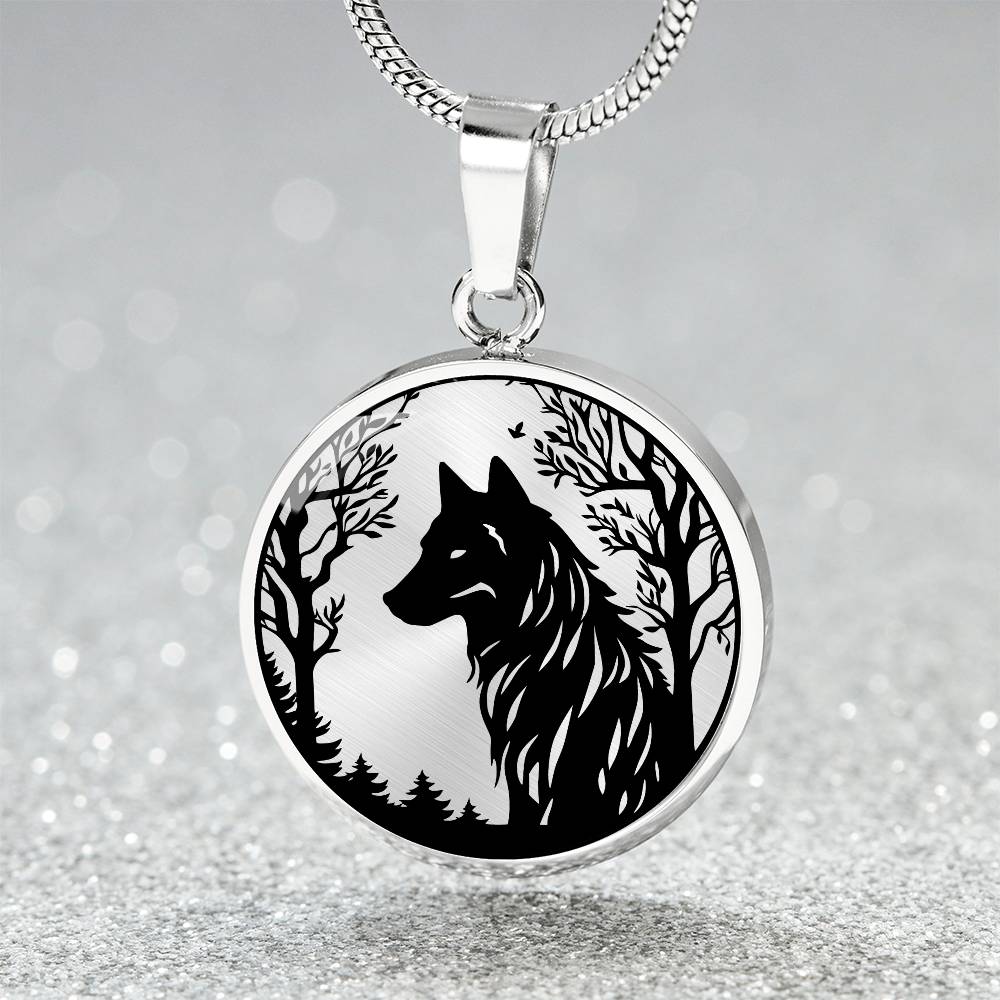 an Elegant pendant silver wolf necklace featuring a vivid Black Wolf in the forest, set against a silver backdrop. This jewelry offers personalization with an engraving option for a name.