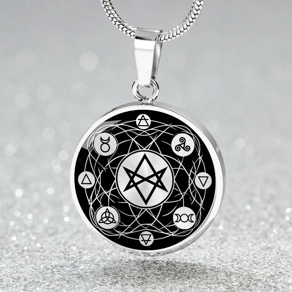 an Elegant silver Hexagram Gothic Necklace with the symbols Earth, Fire, Water, Air, God, Goddess, Unicursal, Triskelion and Triquetra, in Black/Silver backdrop. This jewelry offers personalization with an engraving option for a name.