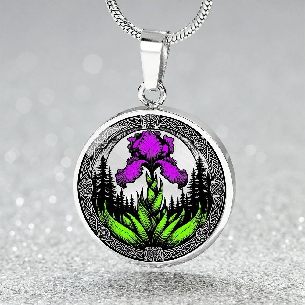 Februarys birth month flower in an Elegant silver pendant necklace featuring a vivid Purple Iris with a gold sun or silver moon surrounded by a forest with a Celtic frame. This necklace offers personalization option for a name.