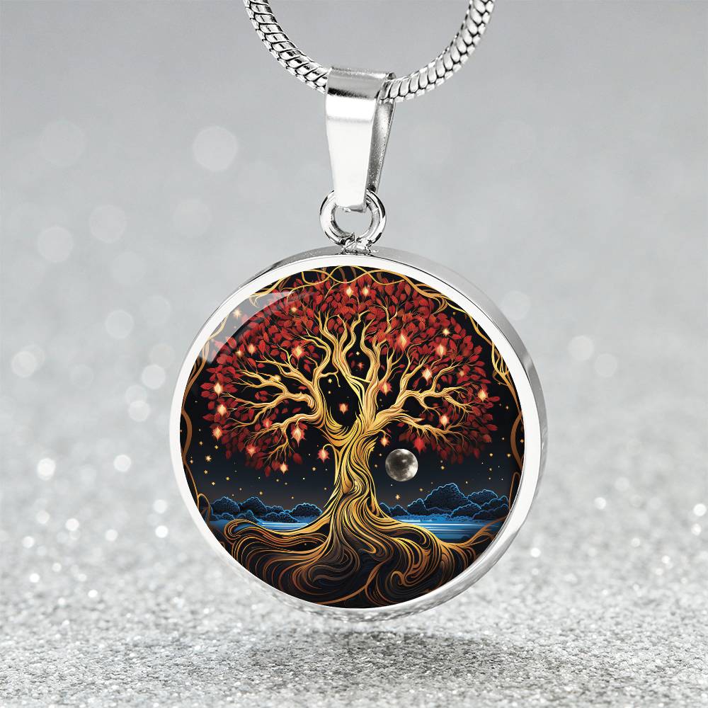 Elegant silver pendant featuring a Tree of Life Necklace, set against a Night Sky backdrop. This jewelry offers personalization with an engraving option for a name.