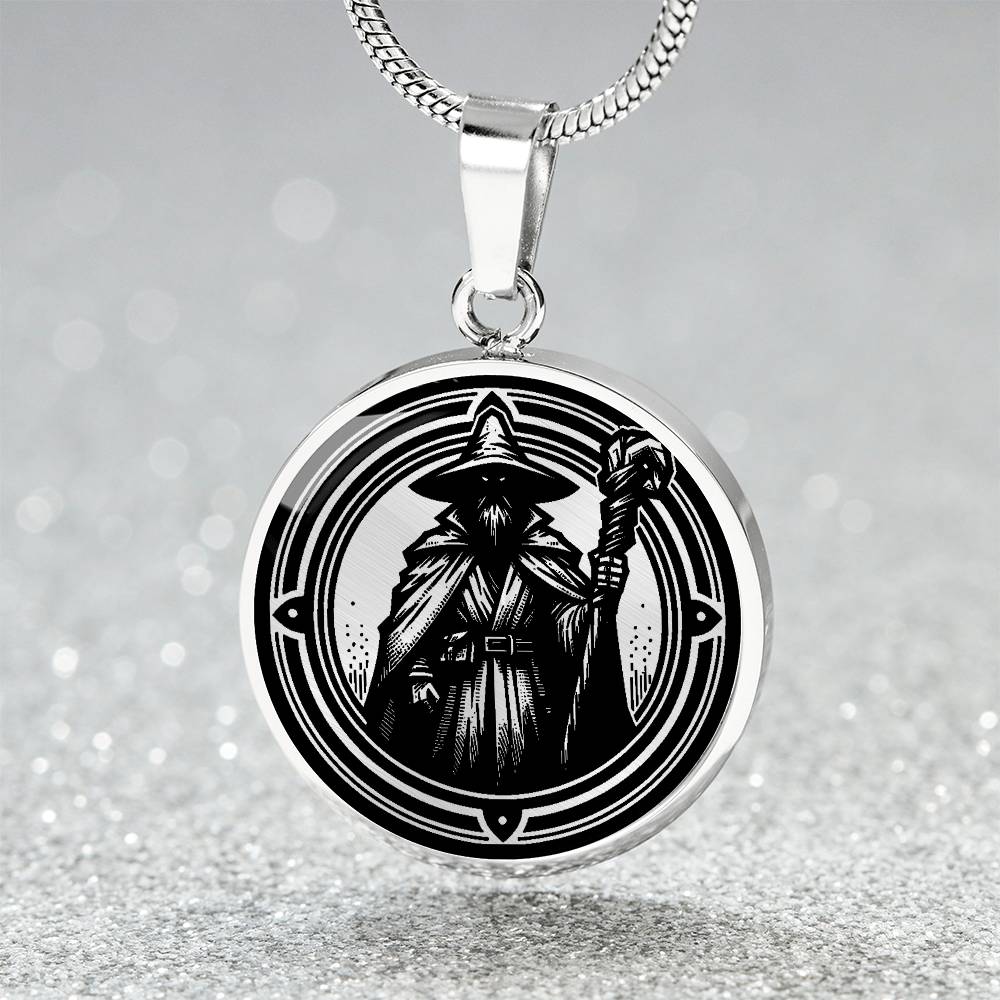 An Elegant silver pendant featuring a Fantasy Wizard Necklace in silver and black. This jewelry offers personalization with an engraving option for a name.