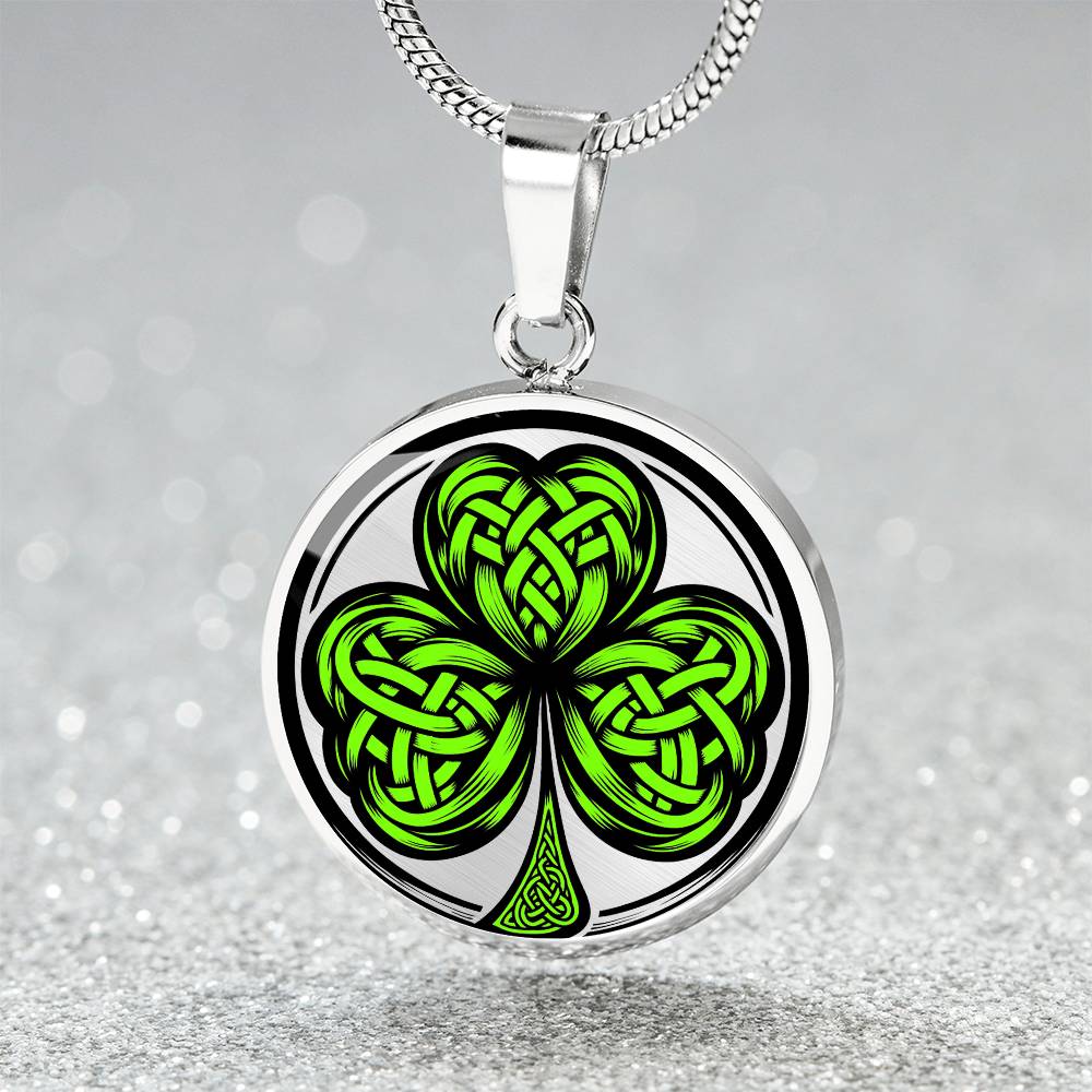 Elegant silver pendant necklace featuring a vivid Green Celtic Clover set against a silver & black backdrop. This necklace offers personalization with an engraving option for a name.