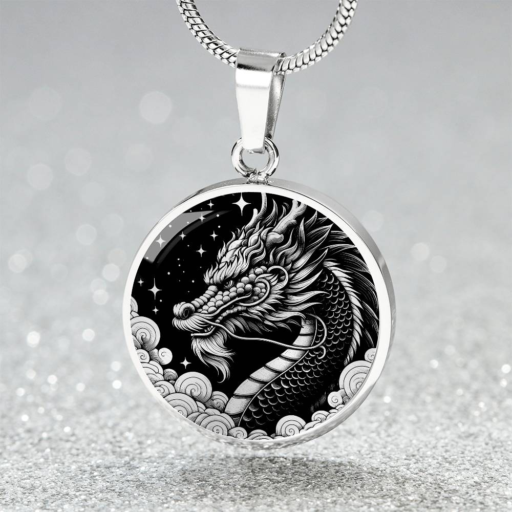 an Elegant silver pendant Chinese Dragon necklace featuring a vivid silver dragon with stars and clouds set against a black backdrop. This jewelry offers personalization with an engraving option for a name.