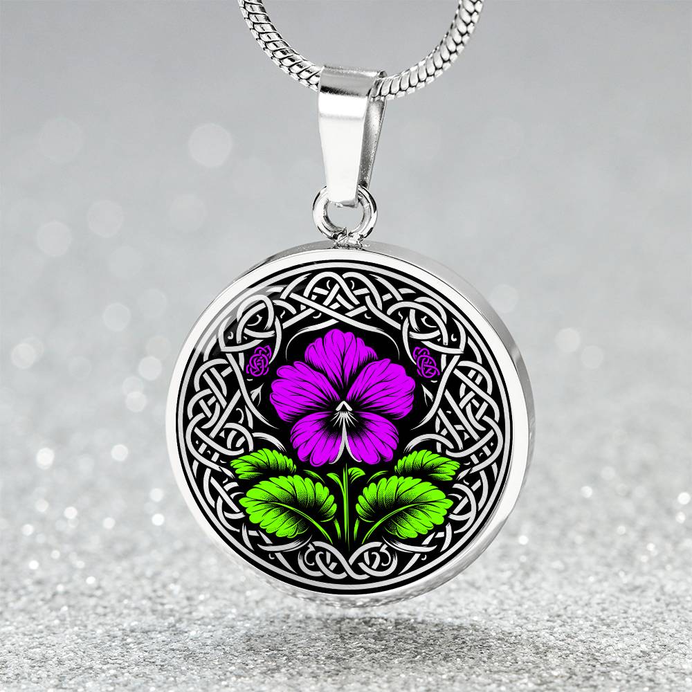 Elegant silver pendant featuring a vivid Purple Violet Birth Flower Necklace, February birth month flower, set against a Silver & Black backdrop with a Celtic border. This jewelry offers personalization engraving option for a name