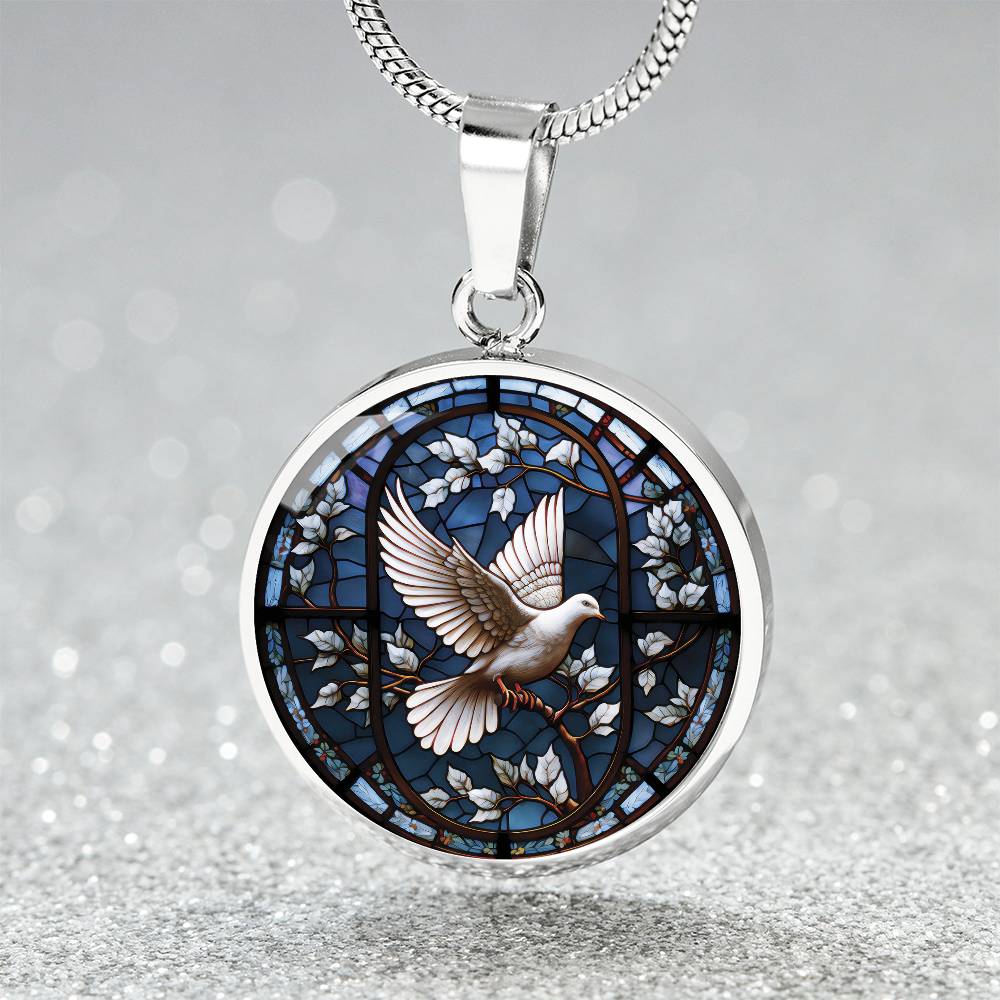 An elegant silver pendant White Dove Necklace. The Colors are white, brown and blue This jewelry offers personalization with an engraving option for a name.