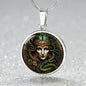 an Elegant silver pendant Medusa necklace. The colors are green hair, white skin, brown background. This jewelry offers personalization with an engraving option for a name.