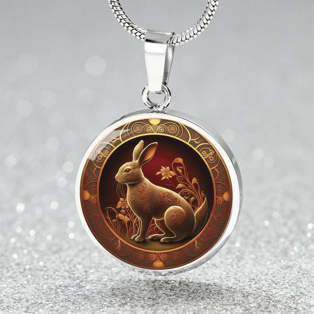 an elegant silver pendant Bunny Rabbit Necklace. The Colors are Red, Yellow and Black. This jewelry offers personalization with an engraving option for a name.