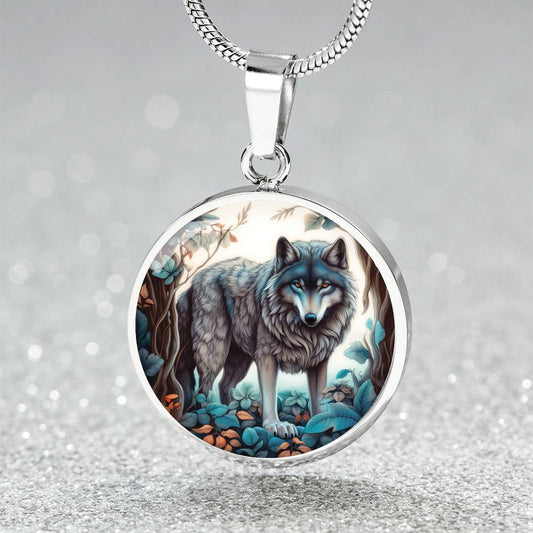 An elegant silver pendant Silver Wolf Necklace. The colors are silver, brown, green, black and orange. This jewelry offers personalization with an engraving option for a name.