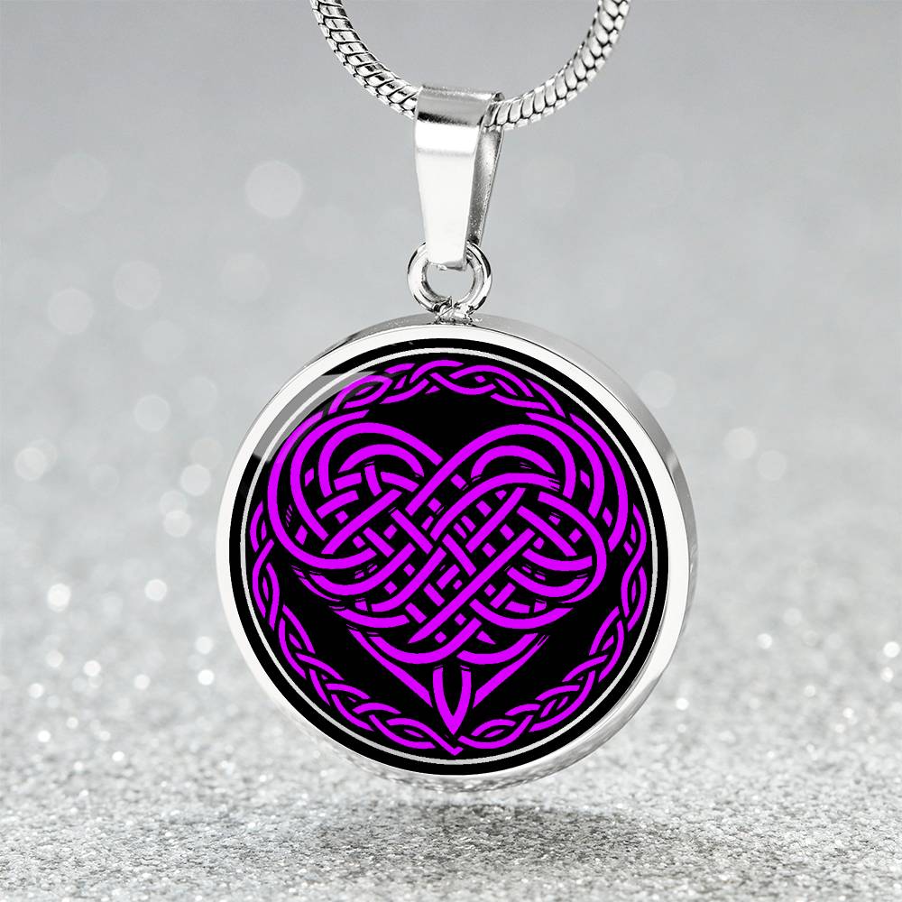 Elegant silver pendant featuring a vivid purple Heart Celtic Necklace set against a Black & silver backdrop. This jewelry offers personalization with an engraving option for a name.