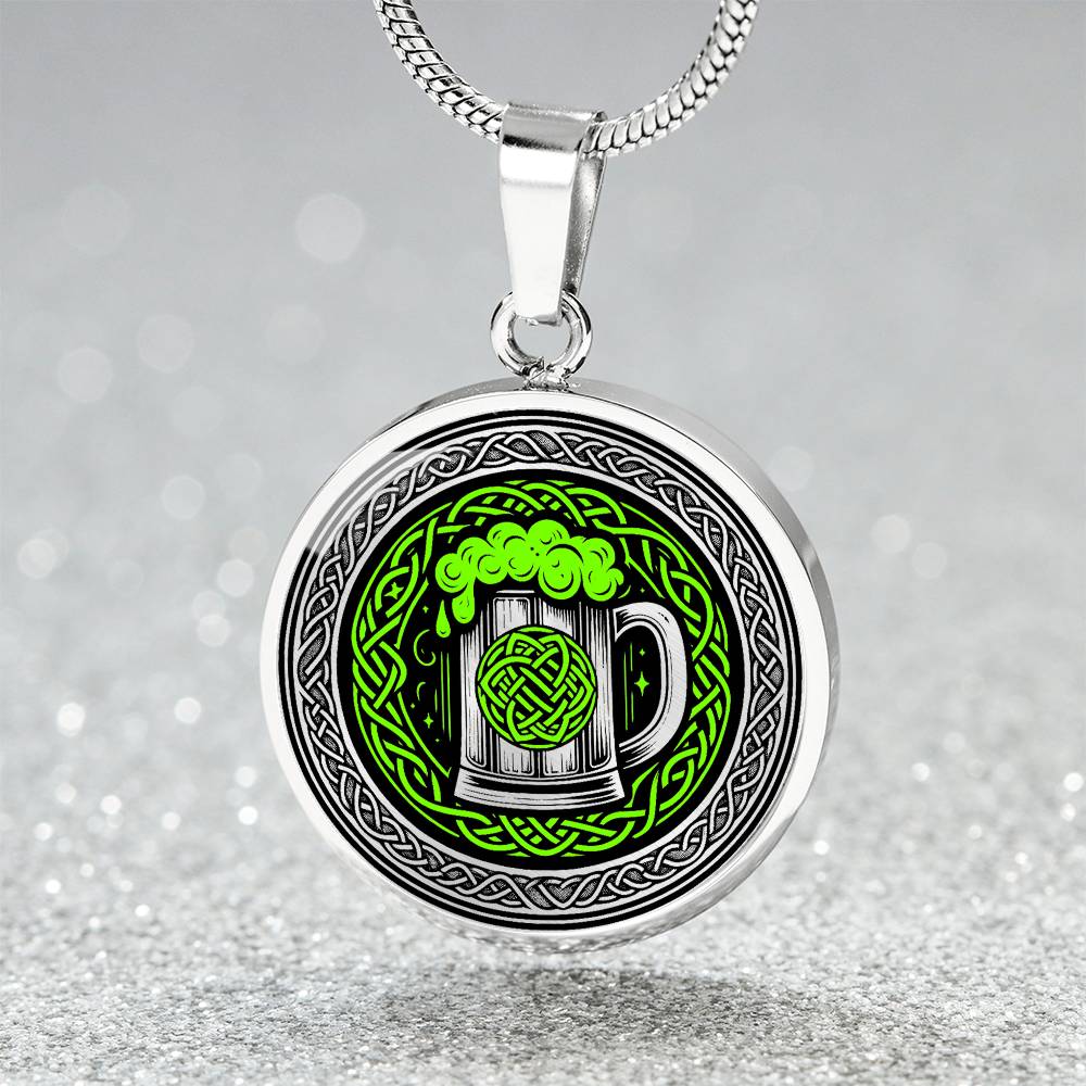Elegant Silver pendant featuring a vivid Green Celtic Knots Necklace with a Green Beer Stein , set against a Black & silver backdrop. This jewelry offers personalization with an engraving option for a name.