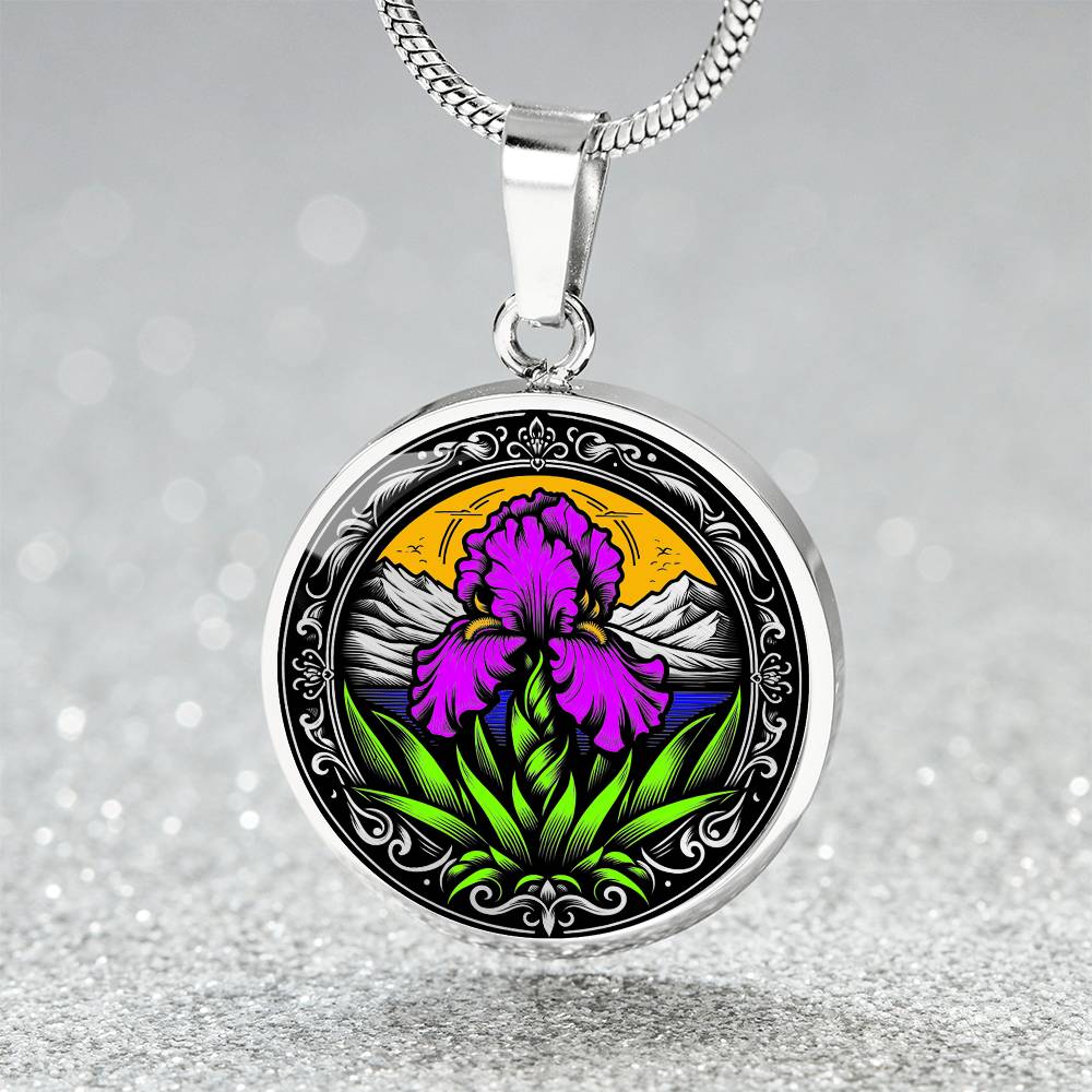 Februarys birth month flower Elegant silver pendant necklace featuring a vivid Purple Iris set against a sunset mountains with a river, the mountains are colored by the metal shinning through. This necklace offers personalization option for a name.