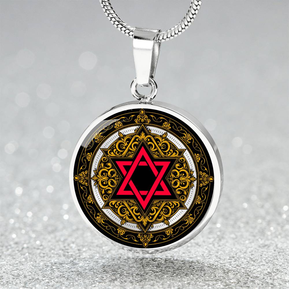 An Elegant silver pendant featuring a Vintage Design with a vivid Red Star of David Necklace, set against a gold, silver and black backdrop. This jewelry offers personalization with an engraving option for a name.