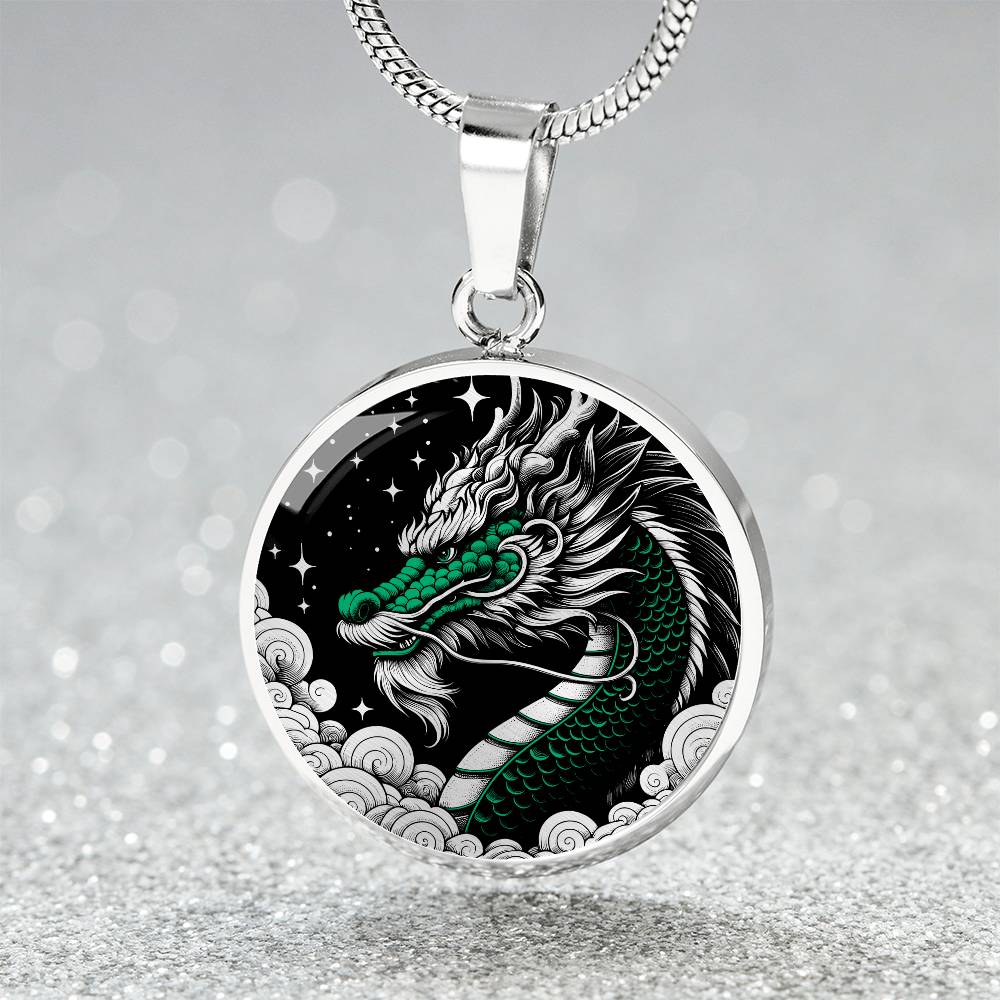 an Elegant silver pendant Chinese Dragon necklace featuring a vivid Jade dragon with stars and clouds set against a black backdrop. This jewelry offers personalization with an engraving option for a name.