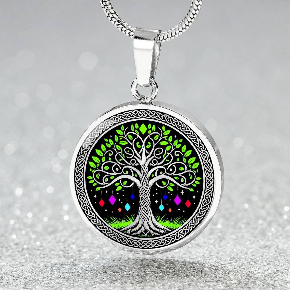 an Elegant silver pendant Tree of Life necklace featuring a vivid Celtic Green and silver tree, set against a black backdrop with red,blue,purple,orange gems. This jewelry offers personalization with an engraving option for a name.