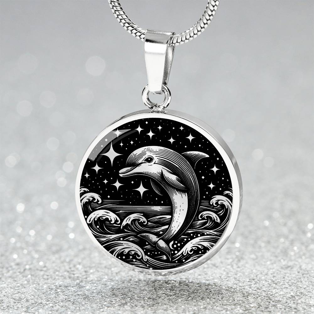 Elegant silver pendant featuring a vivid Silver Dolphin Necklace with a Stars and Ocean Waves set against a silver and black backdrop. This jewelry offers personalization with an engraving option for a name.