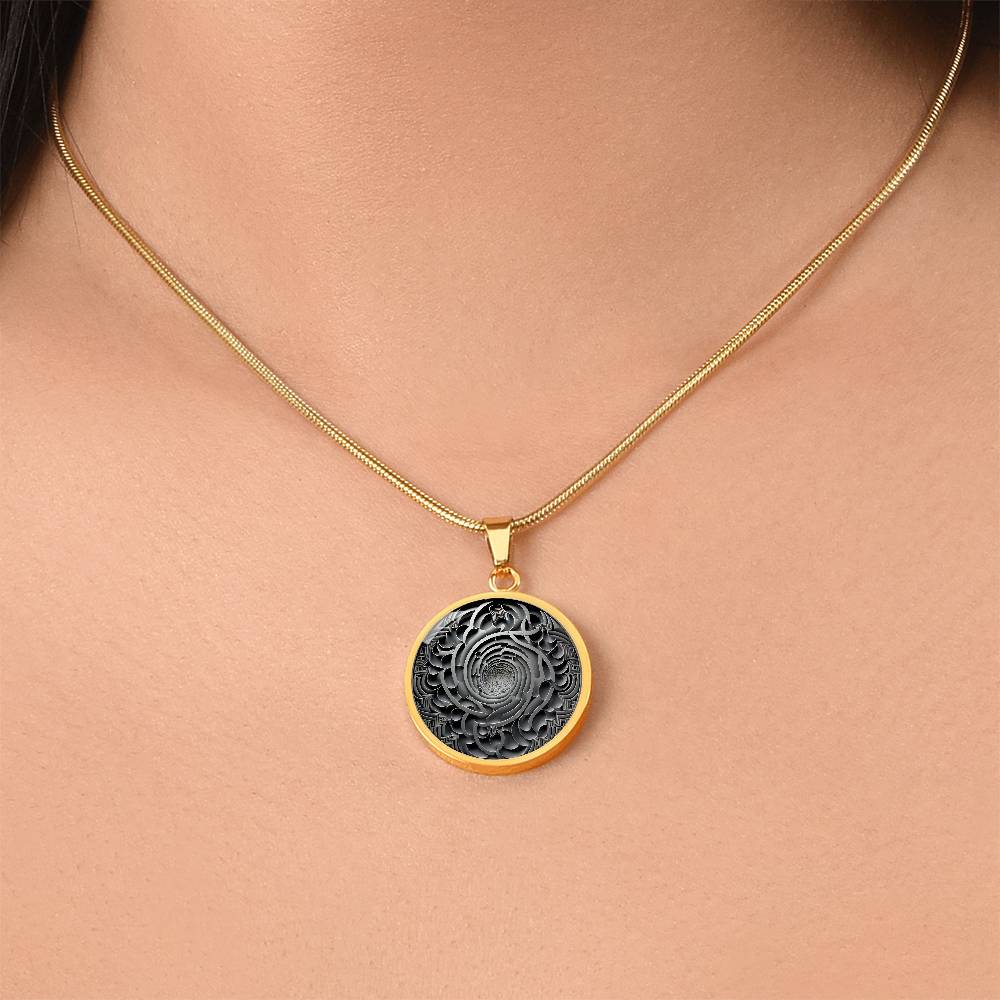 Woman Wearing an Elegant gold pendant Maze Victorian necklace. The maze colors are silver and grey. This jewelry offers personalization with an engraving option for a name.