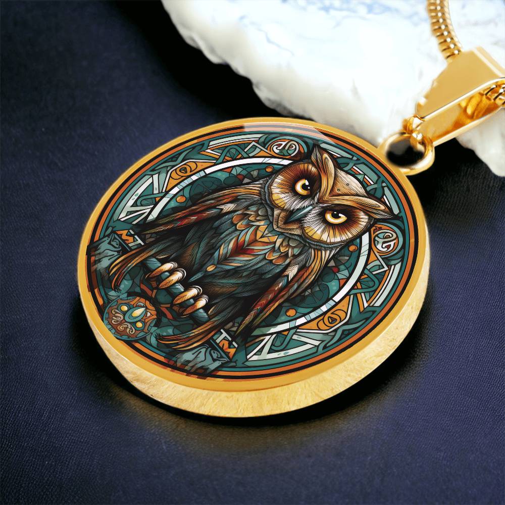 An elegant gold pendant featuring a Celtic Owl Necklace, set against a Green and orange backdrop. This jewelry offers personalization with an engraving option for a name.