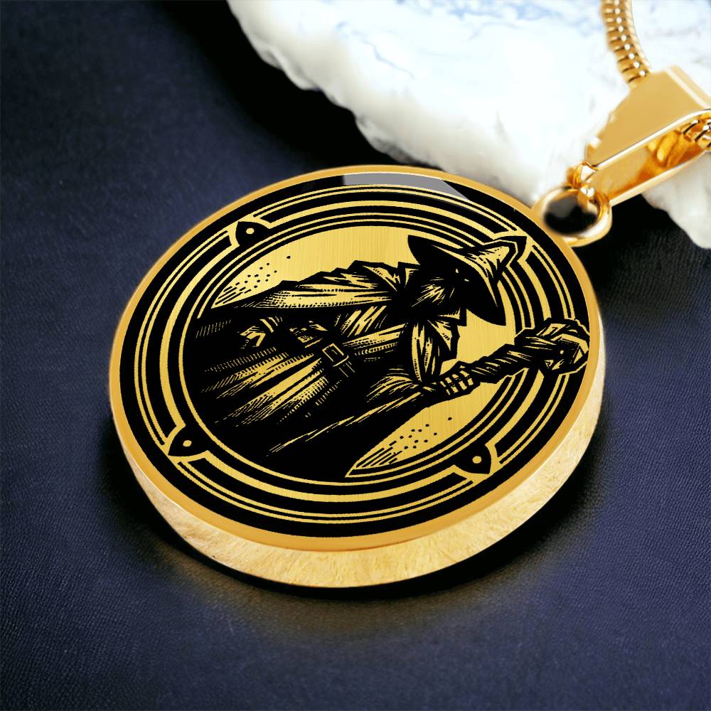 An Elegant gold pendant featuring a Fantasy Wizard Necklace in gold and black. This jewelry offers personalization with an engraving option for a name.