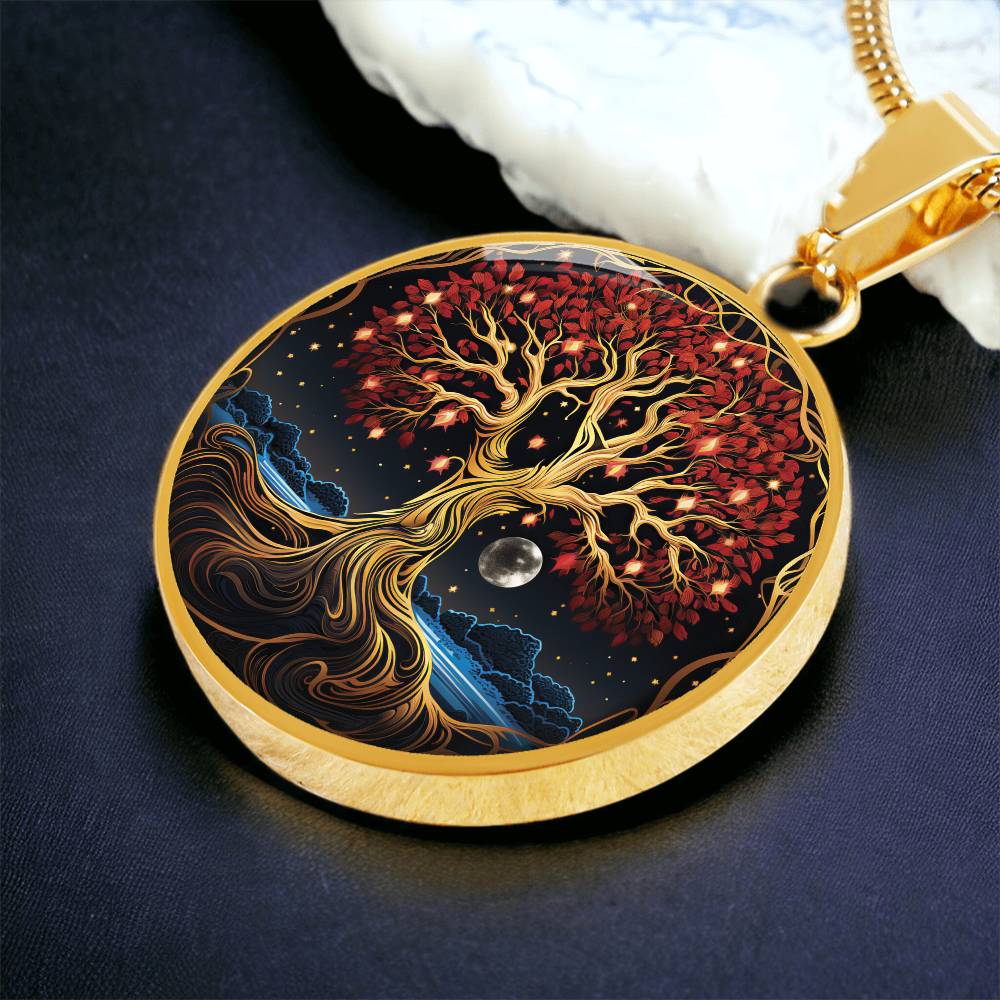 an elegant gold pendant featuring a Tree of Life Necklace, set against a Night Sky backdrop. This jewelry offers personalization with an engraving option for a name.